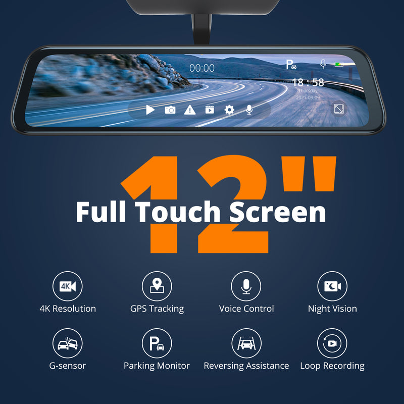 4K Mirror Dash Cam 12'' W/ GPS Wifi, Rear View Mirror Camera for
